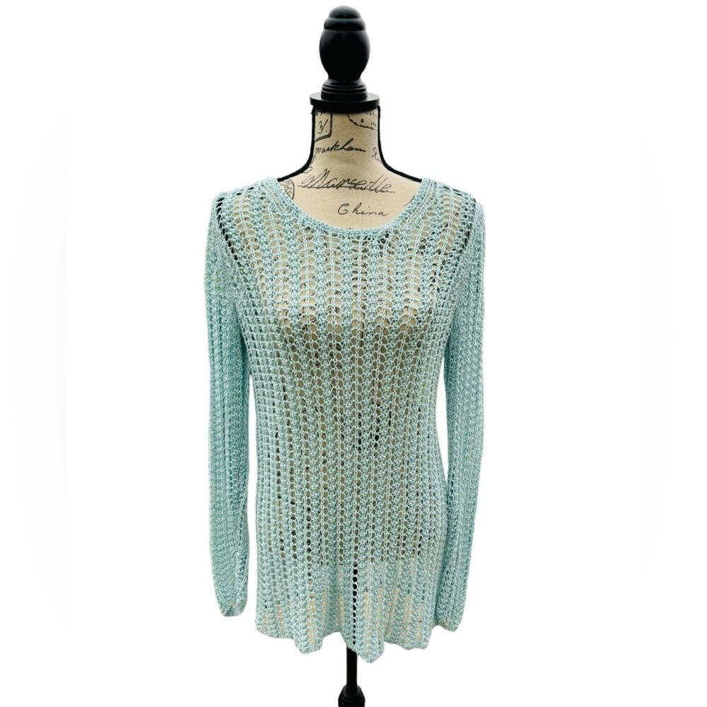 J. Jill Crocheted Linen Sweater Seafoam Green Pullover Womens Size Medium